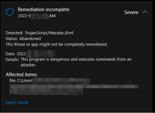 Trojan script wacatac b ml windows defender