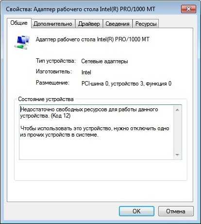 Недостаточно свободных ресурсов для работы данного устройства. (код 12); решение