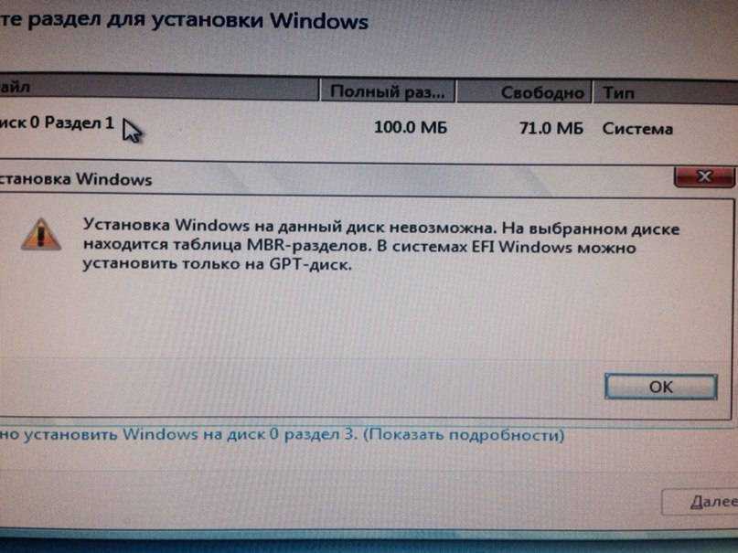 Установка windows на данный диск невозможна. на выбранном диске находится таблица mbr-разделов. в системах efi windows можно установить только на gpt-диск.