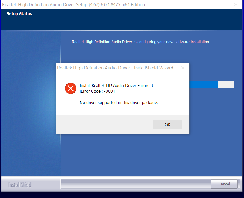 Сбой установки драйвера realtek hd audio error code 0001 windows 10